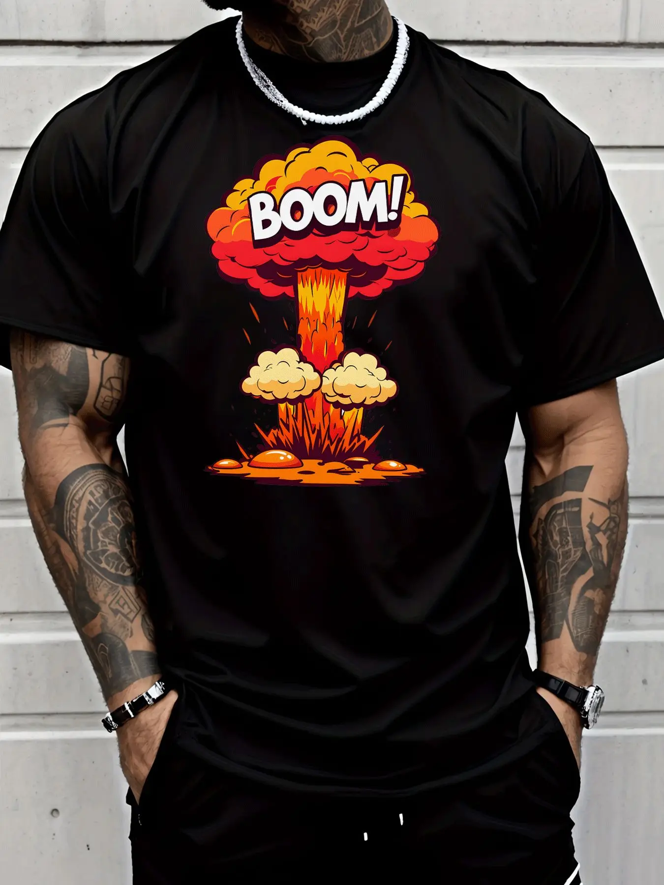 Men Black Crew Neck Tee Bold Cartoon Mushroom Cloud Explosion Boom Text Retro Comic Blast Graphic Street Casual Cotton Tops