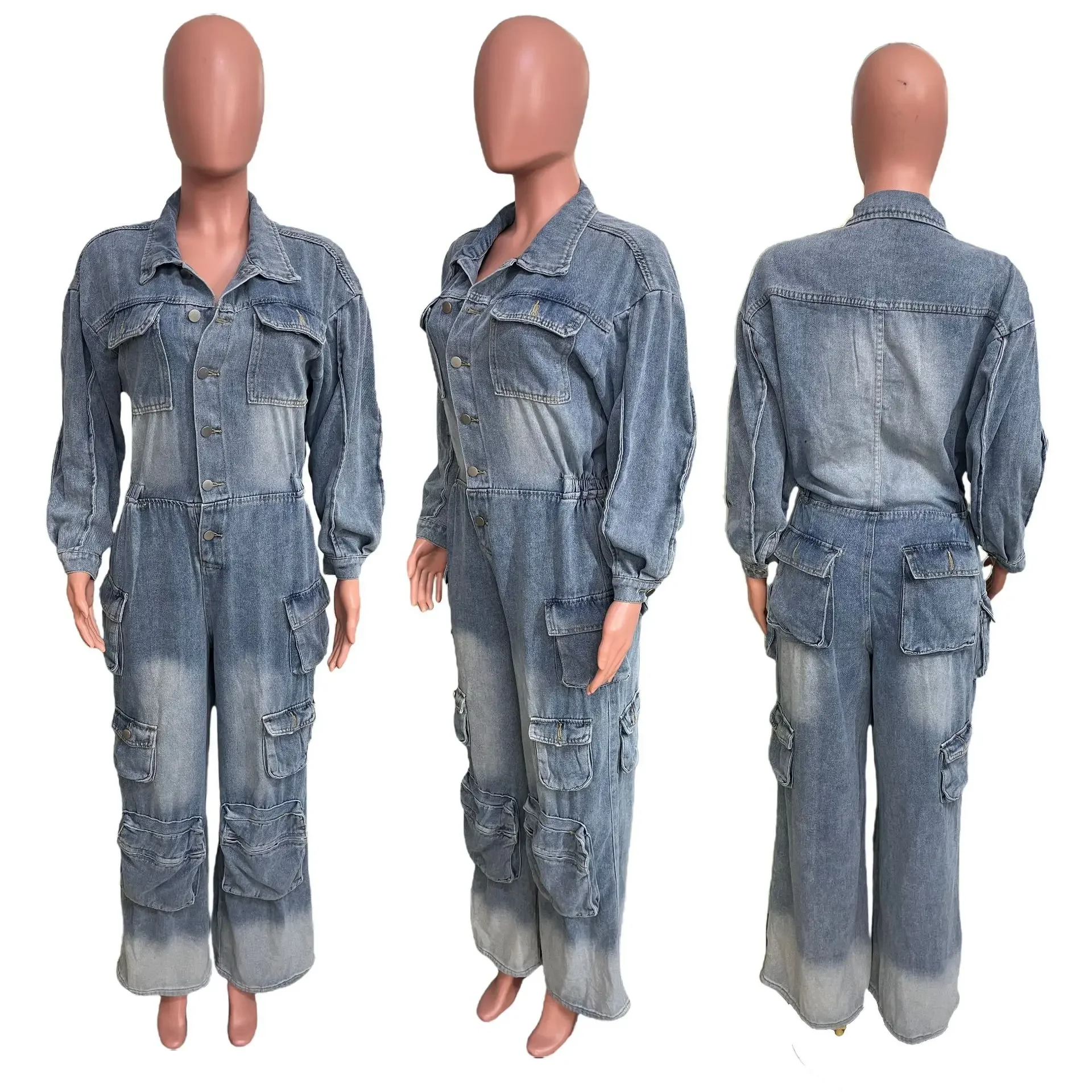 Mulheres angustiadas denim macacão manga longa botão acima macacões de carga 2025 primavera popular streetwear treino activewear outfits