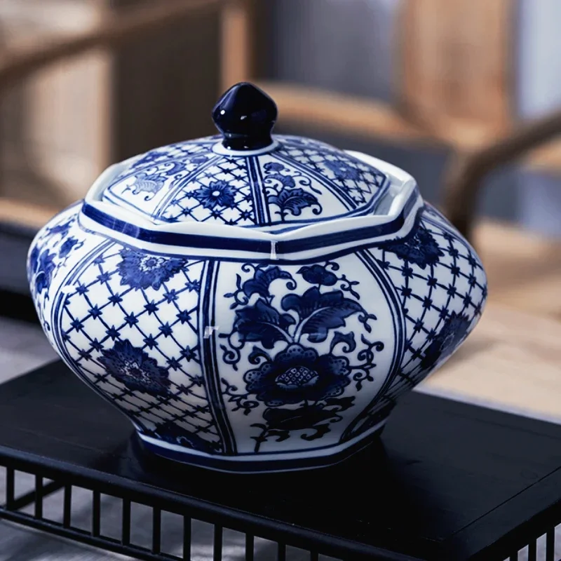 

Octagonal Blue White Porcelain Jar, Jingdezhen Ceramic Storage Tank, Decorative Tea and Snacks Jar, Elegant Porcelain Display