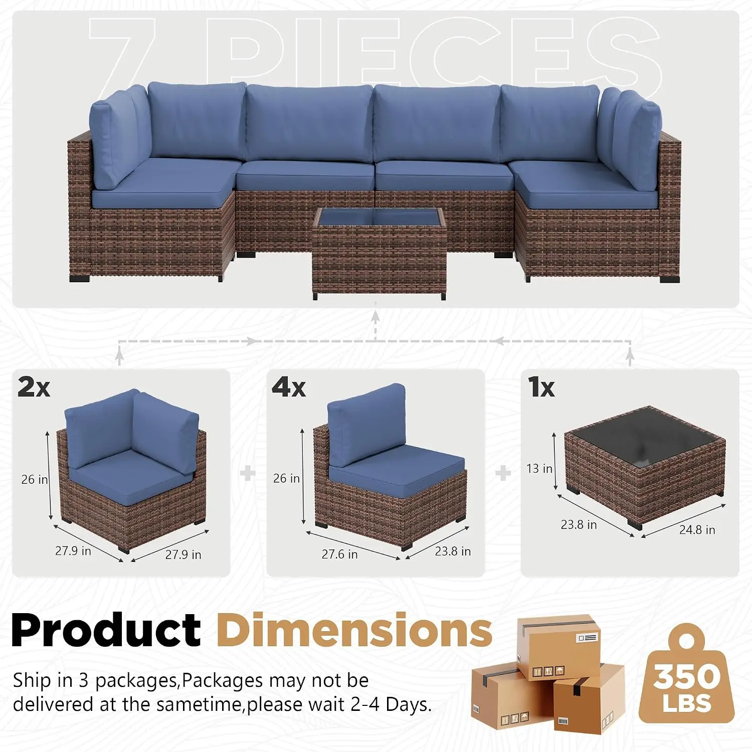 7-Piece Outdoor Wicker Patio Sectional Sofa Set with Rain Cover & Coffee Table for Garden, Customized