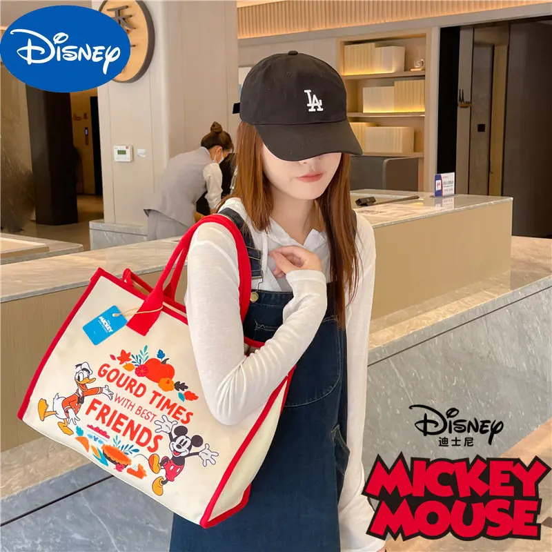 MINISO Disney Cartoon Mickey Canvas Bag New Large Capacity Donald Duck Mommy Tote Bag Casual Painted Shoulder Bag