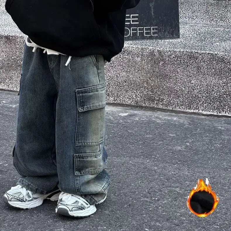 

New Winter Toddler Boys Wide Leg Pant Solid Color Thicken Warm Kids Baby Boys Jeans Retro Loose Infant Boys Straight Pant