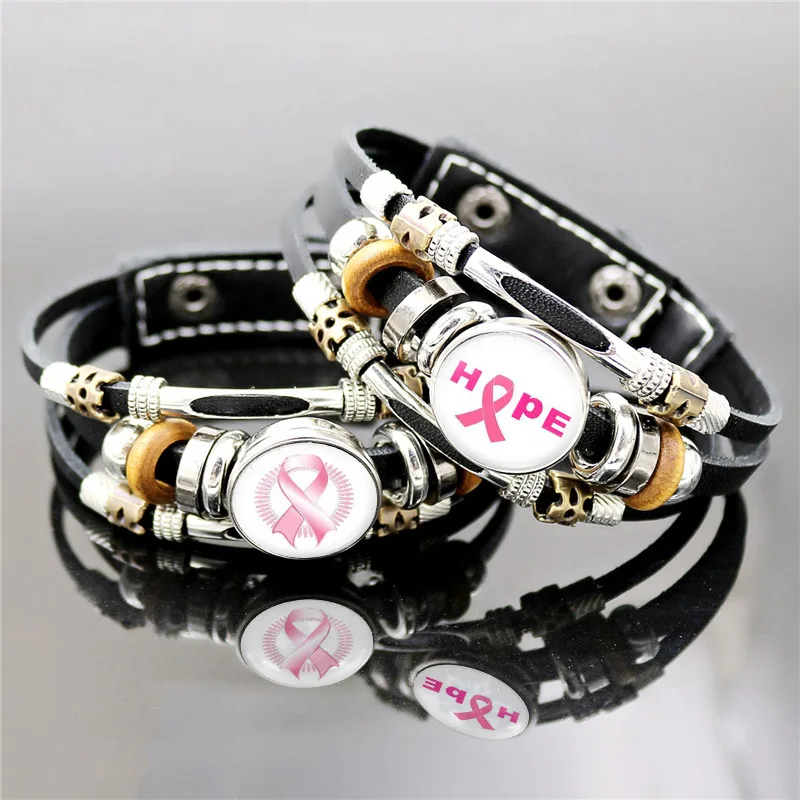 Breast Cancer Awareness Bracelet For Women Charm Butterfly Pink Ribbon Jewelry Glass Button Leather Bracelets Hope Bangles Gifts