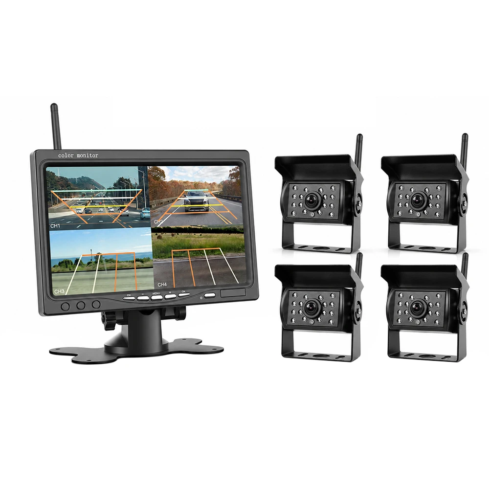 Podofo 7 Zoll Drahtloses Rückfahrkamera-System 1080P HD 4-Kanal-Split-Screen-Monitor-Kit IP68 Wasserdicht Digitalsignal Rückfahrkamera für LKW, Wohnmobil, Anhänger, Auto 12V-36V