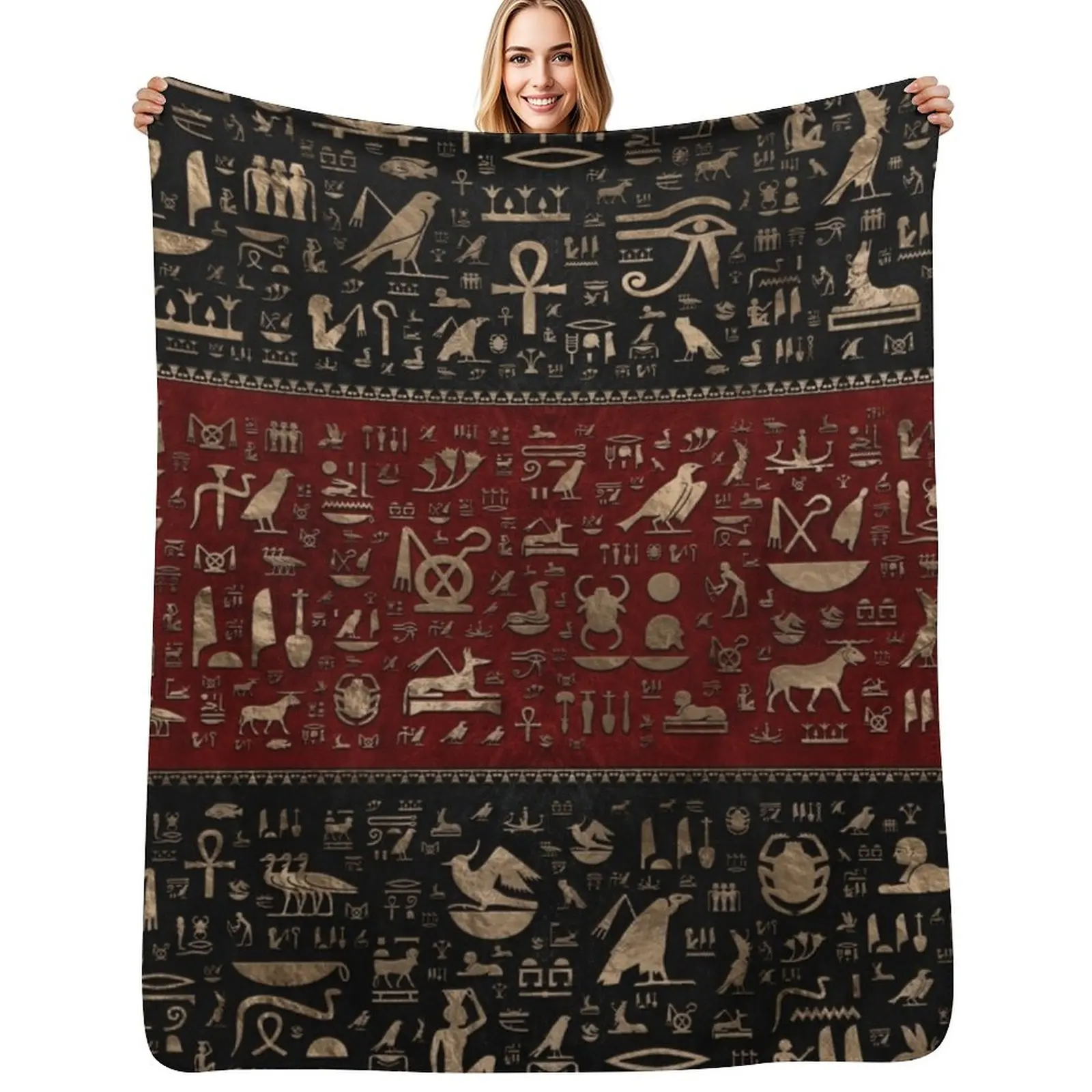Ancient Egyptian hieroglyphs - Black and Red Leather and gold Throw Blanket Warm Comfortable Blanket for Office Napping