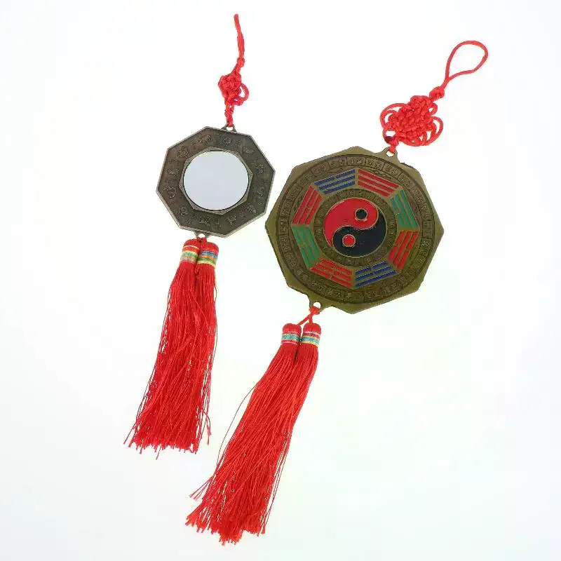 Traditional Chinese Yin Yang Bagua Feng Shui Mirror Red Tassel Zodiac Carvings for New Store Opening Good Luck Decor