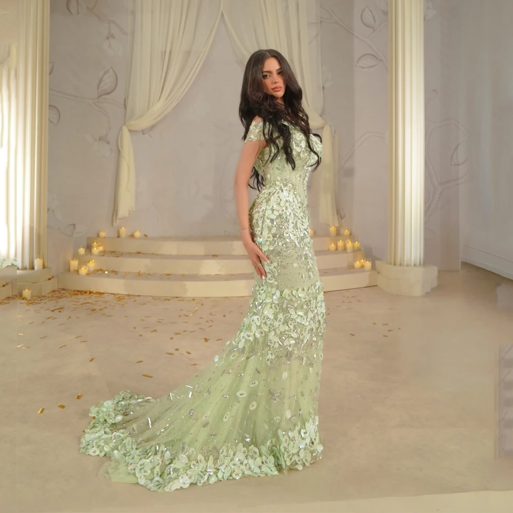 

Green Sequined Evening Dresses Crystal Mermaid Sleeveless Prom Dresses 2026 Off Shoulder Tulle Wedding Guest Dresses Customized