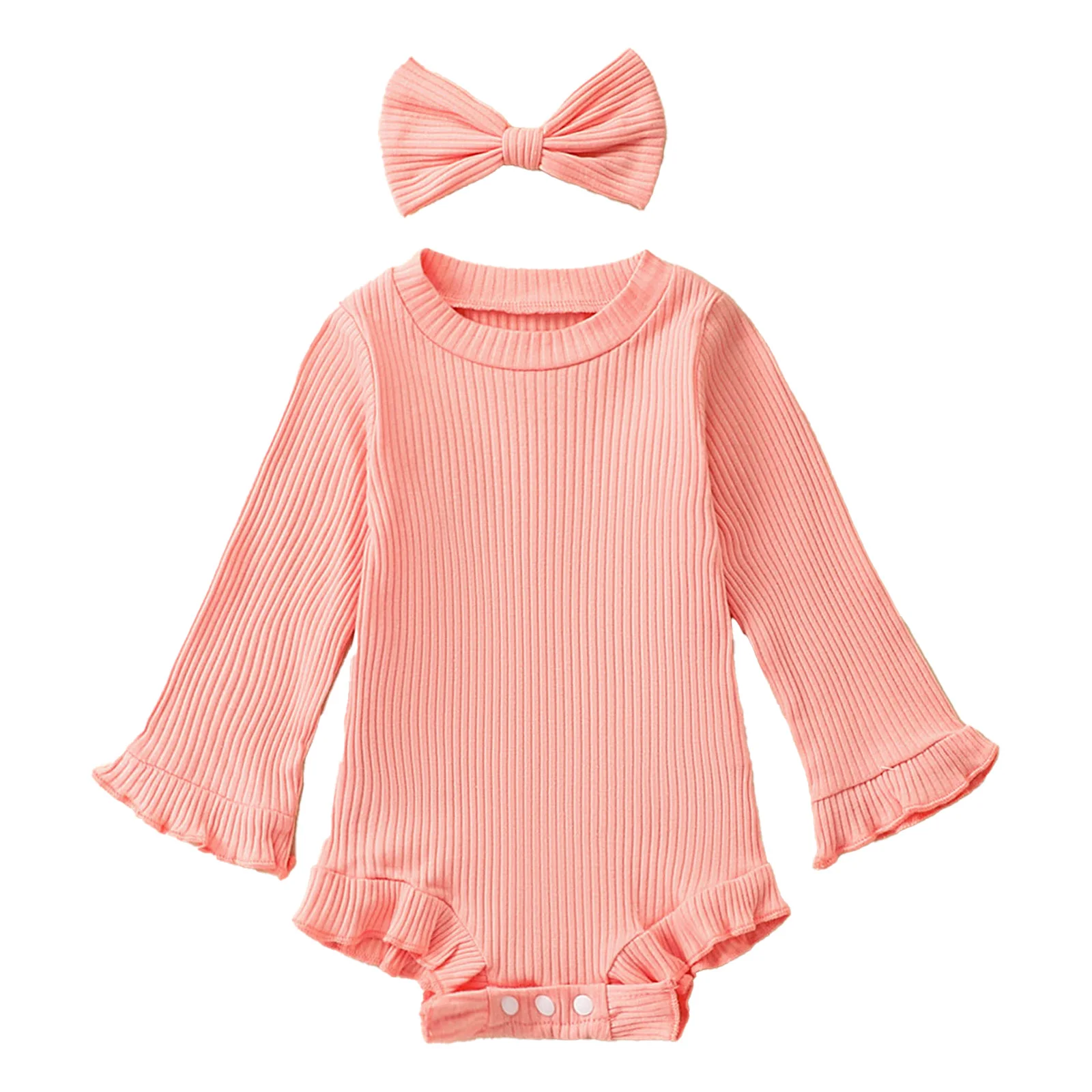 Infant Baby Girl Bodysuit Fall Outfit Clothes Long Sleeve Knit Romper Jumpsuit with Headband Suit Newborn Coming Home Daily Wear