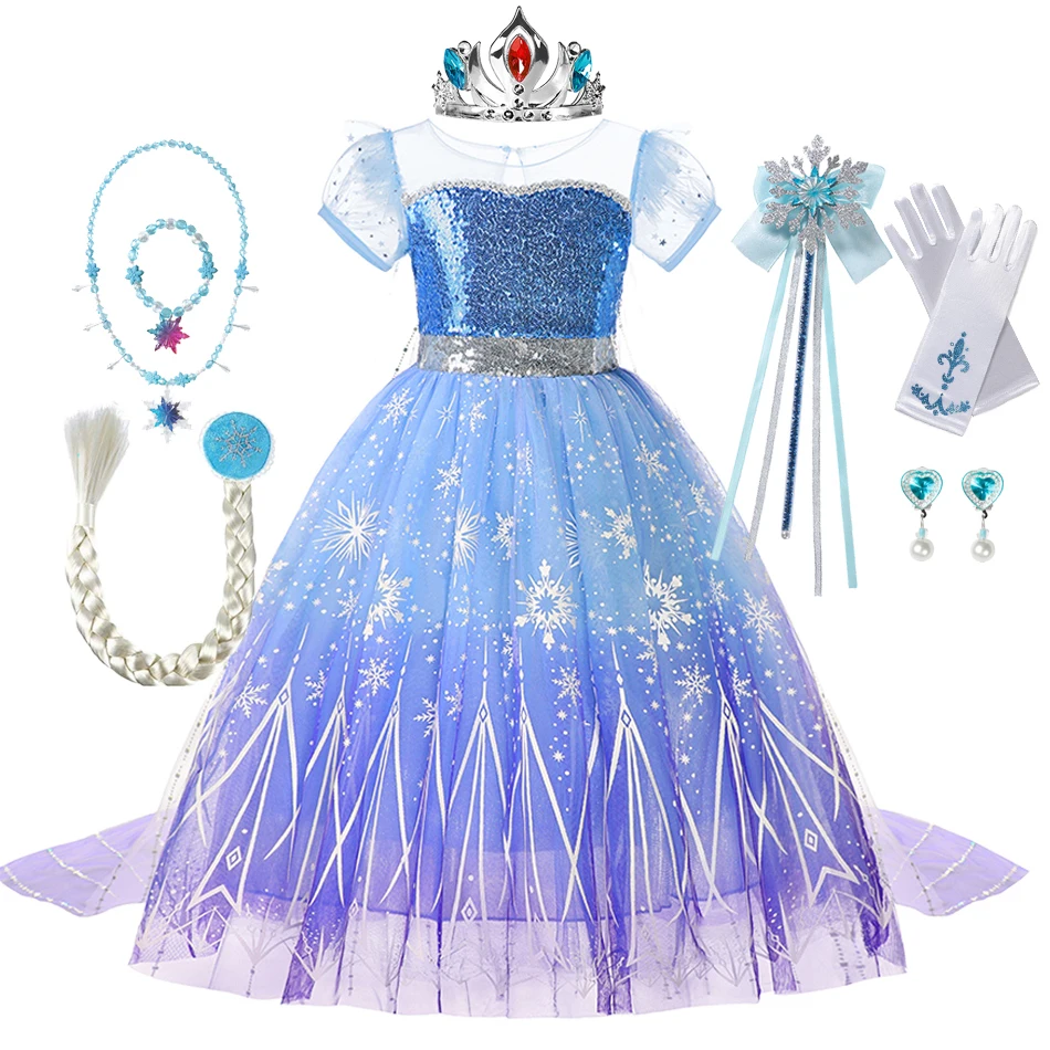 

Frozen Elsa Princess Cosplay Dress Girl Party Sequins Dress Up With Cloak Ball Gown Birthday Carnival Disguise Halloween Clothes