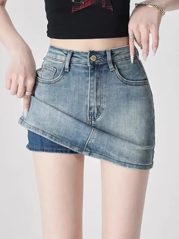 

High Waist A-Line Skirt Women's Summer New Retro Denim Anti-Light Short Skirt Spicy Girl Style Cotton Polyester Blend