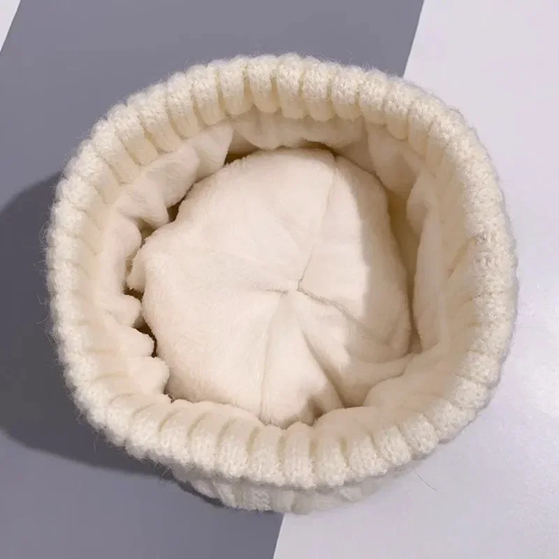 Autumn and Winter Women's Pompom Knitted Hat Women Solid Color Thicken Plush Beanie Cap Female Autumn Warm Crochet Hats image 5