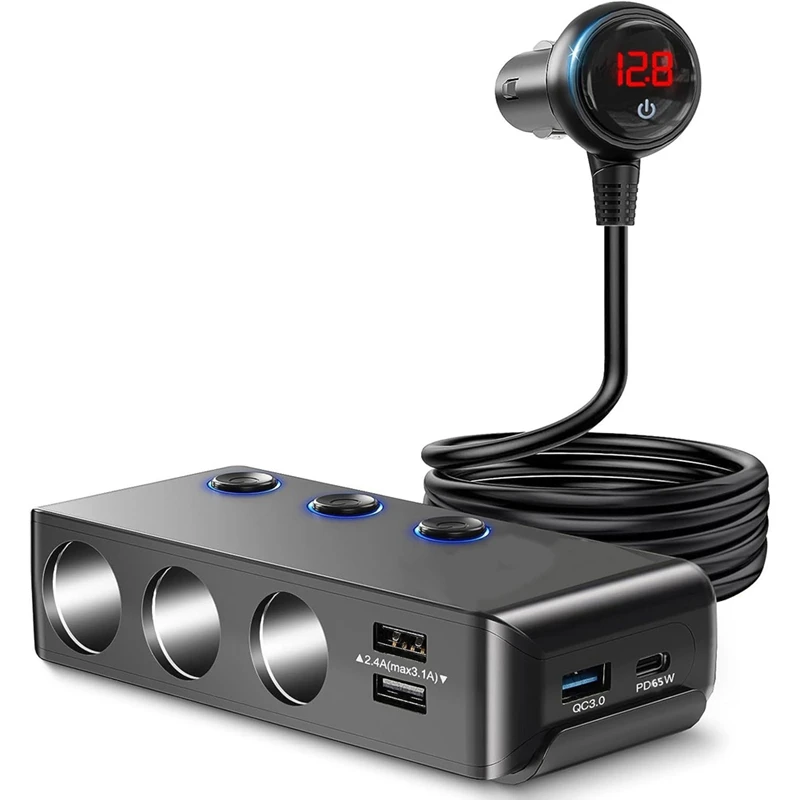 

7 In 1 Car Cigarette Lighter 1 To 3 4USB Independent Switch QC3.0/Pd Fast Charge 120W Power Band Display, Durable