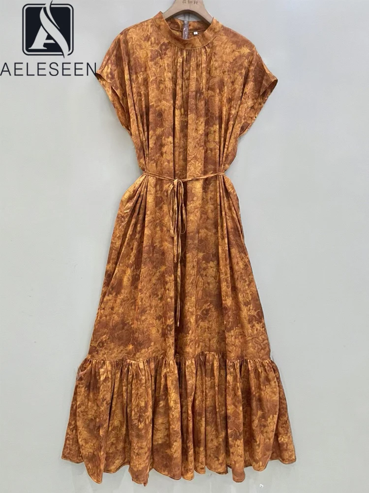 

AELESEEN Vintage Spring Summer Midi Dress Women Sleeveless Turtleneck Retro Printed Loose Casual Party Vacation Female