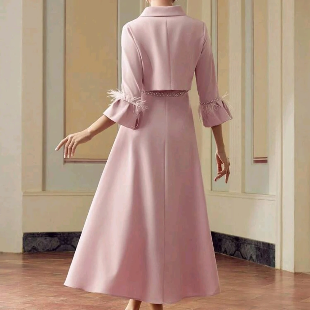 Customized A-line Evening Dresses Tea-length O-neck Three Quarter Sleeve Prom Gown Fashion Bow Beading Tassel Casual Party Gown