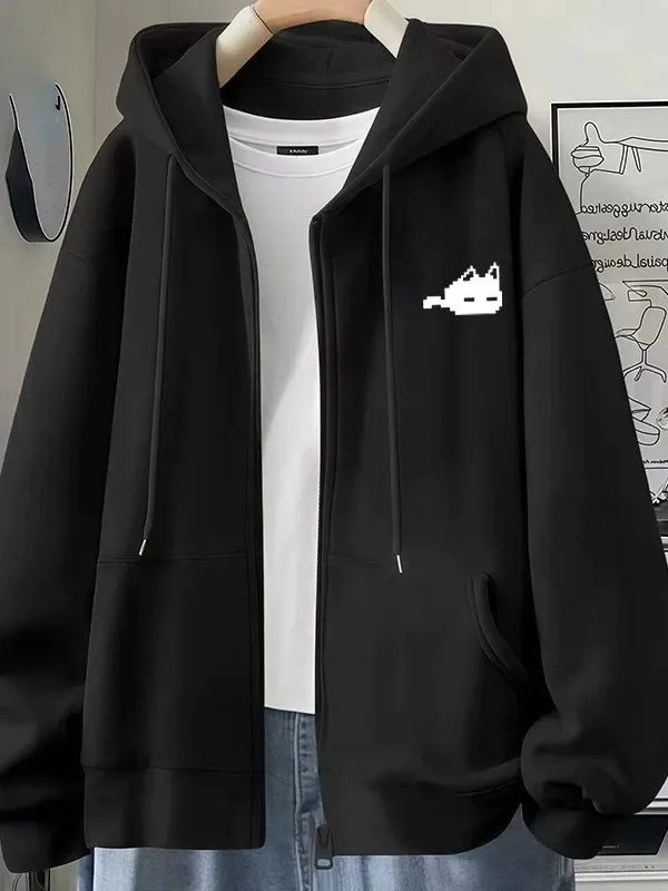 Pixel Art  Print Fleece Lined Hooded Open Cardigan Unisex Autumn Winter Casual Outerwear Loose Fit Versatile Student Style