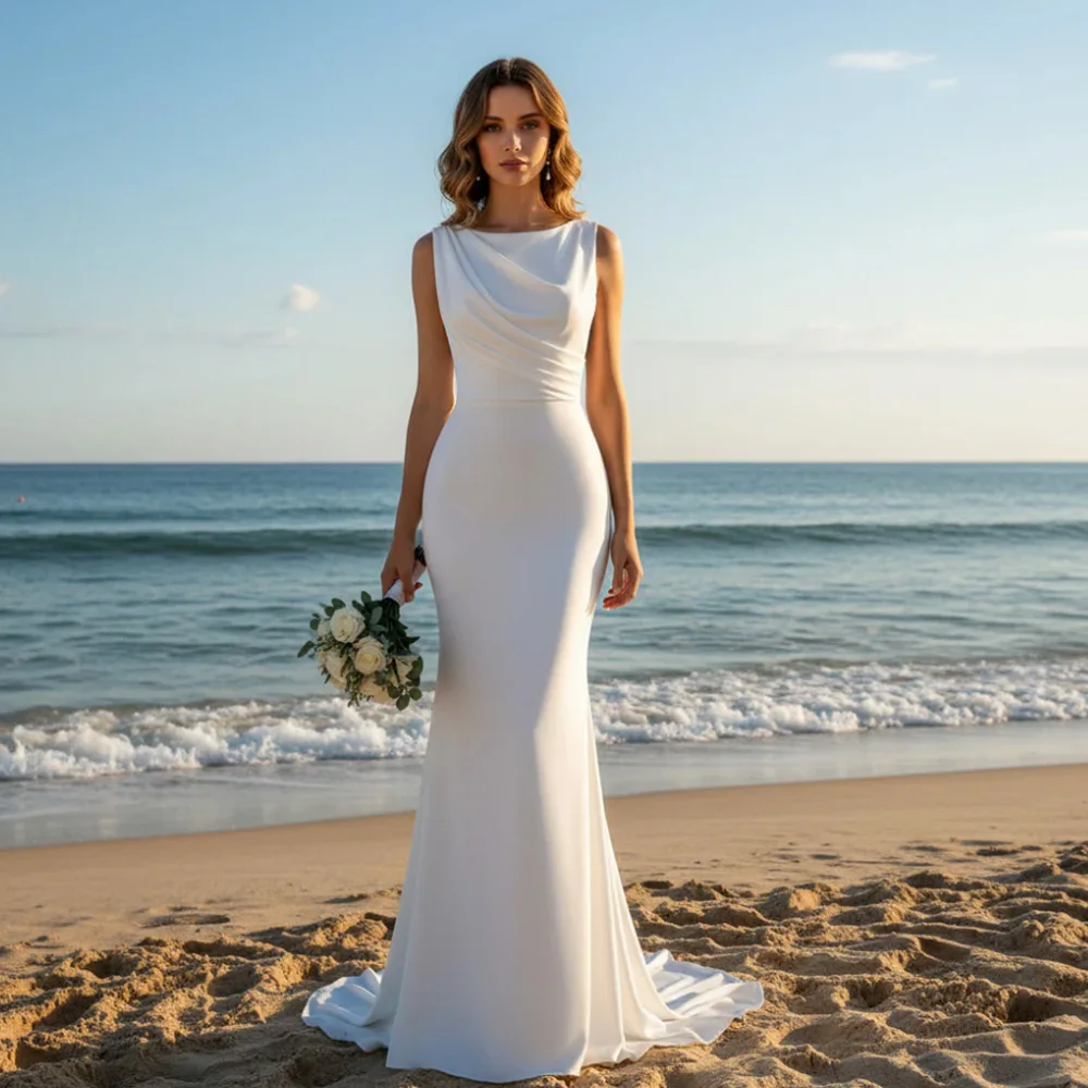 

Custom Made Sleeveless Deep V Back White Mermaid Wedding Dress Custom Size Beach Bridal Gown