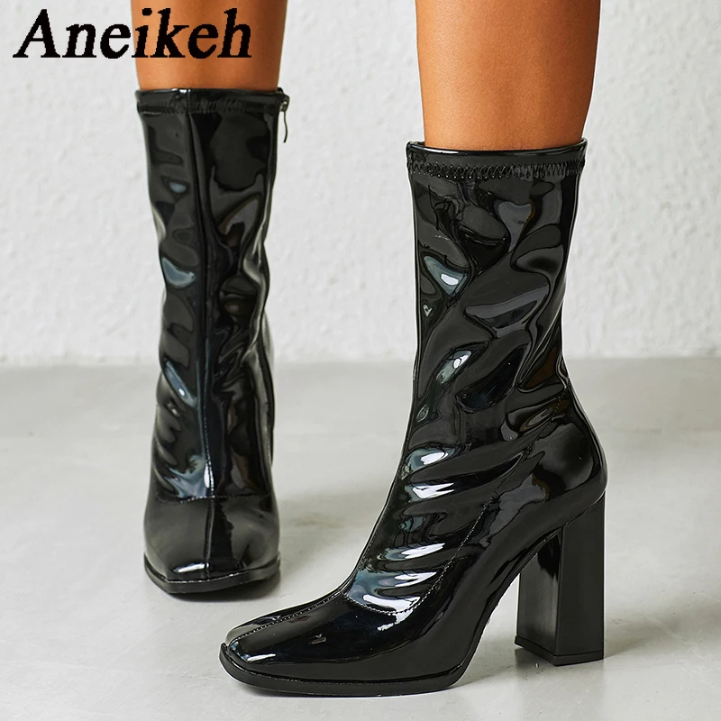 Aneikeh Autumn Winter Black Patent Leather Boots For Women Fashion Square Toe Zip Thick Heel Party Shoes Chelsea Ankle Booties