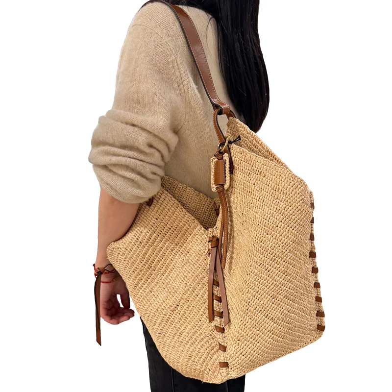 Tas Bahu Jerami Jerami Fashion Perancis Baru 2025 untuk Liburan Pantai Musim Panas, Tas Tote Genggam Kapasitas Besar untuk Wanita Trendi