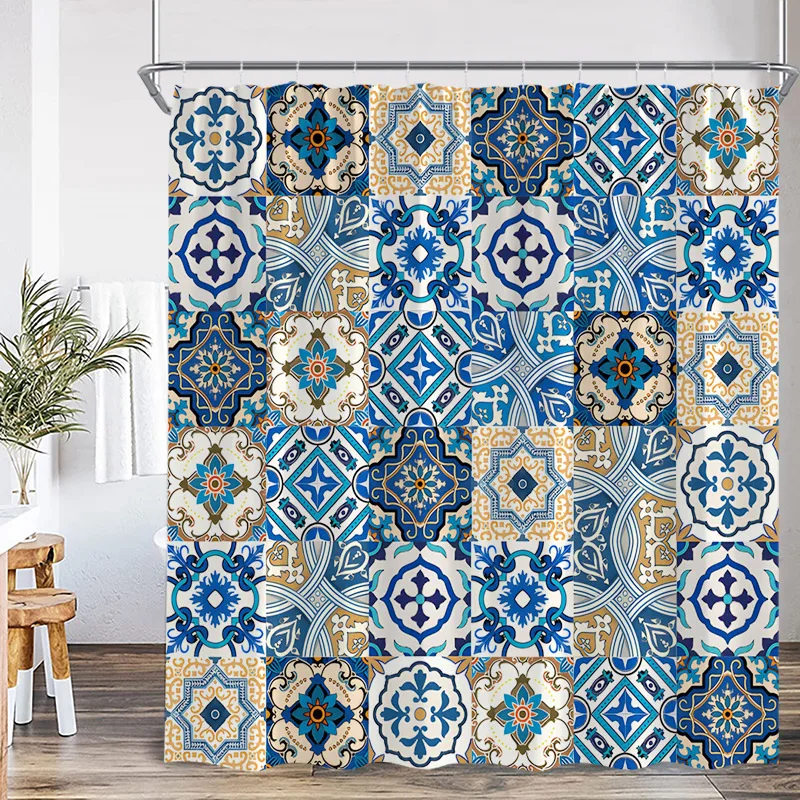 Blue Boho Floral Shower Curtains Mandala Indian Ethnic Style Pattern Bath Curtain Set Modern Polyester Bathroom Decor with Hooks