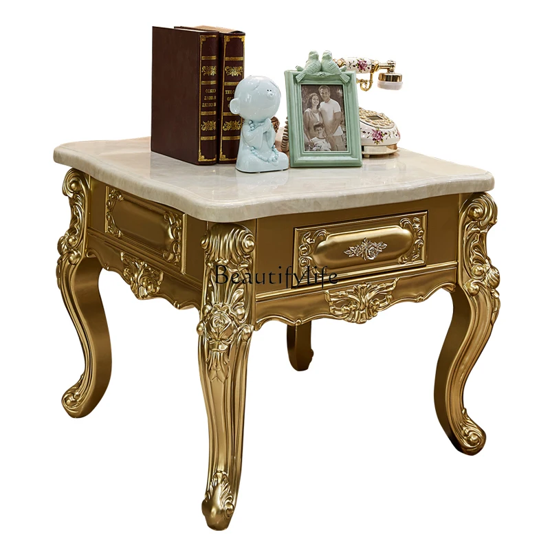 

Wood Carved Marble Surface with Drawer Living Room Small Square Table Side Table American New Classical Tea Table