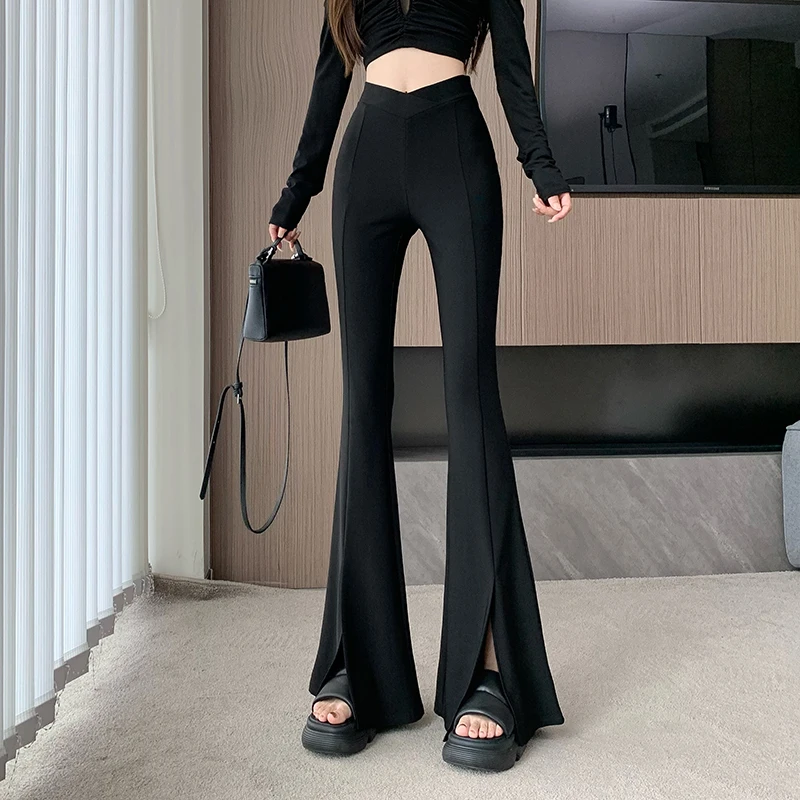 

Split black abdominal pants with high waist and drooping sensation, floor length pants, horseshoe pants, flared pants