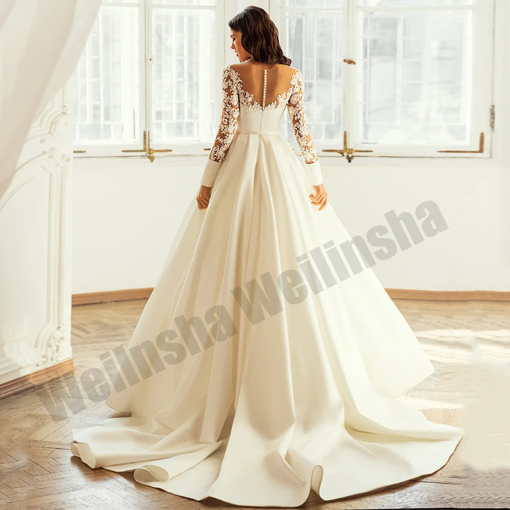 Luxury Sparkling Wedding Dresses Beading Applique See Through Body A Line Pockets Satin Bridal Gown for Women Bride Sweep Train