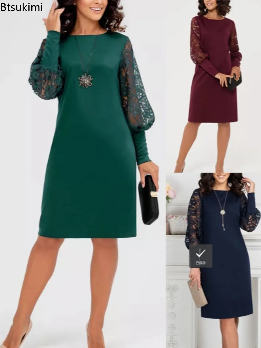 

2026 New Women Spring Summer Elegant Fashion Dresses Women Round Neck Lace Hollow Long Sleeve Out Knee Length A Line Short Dress