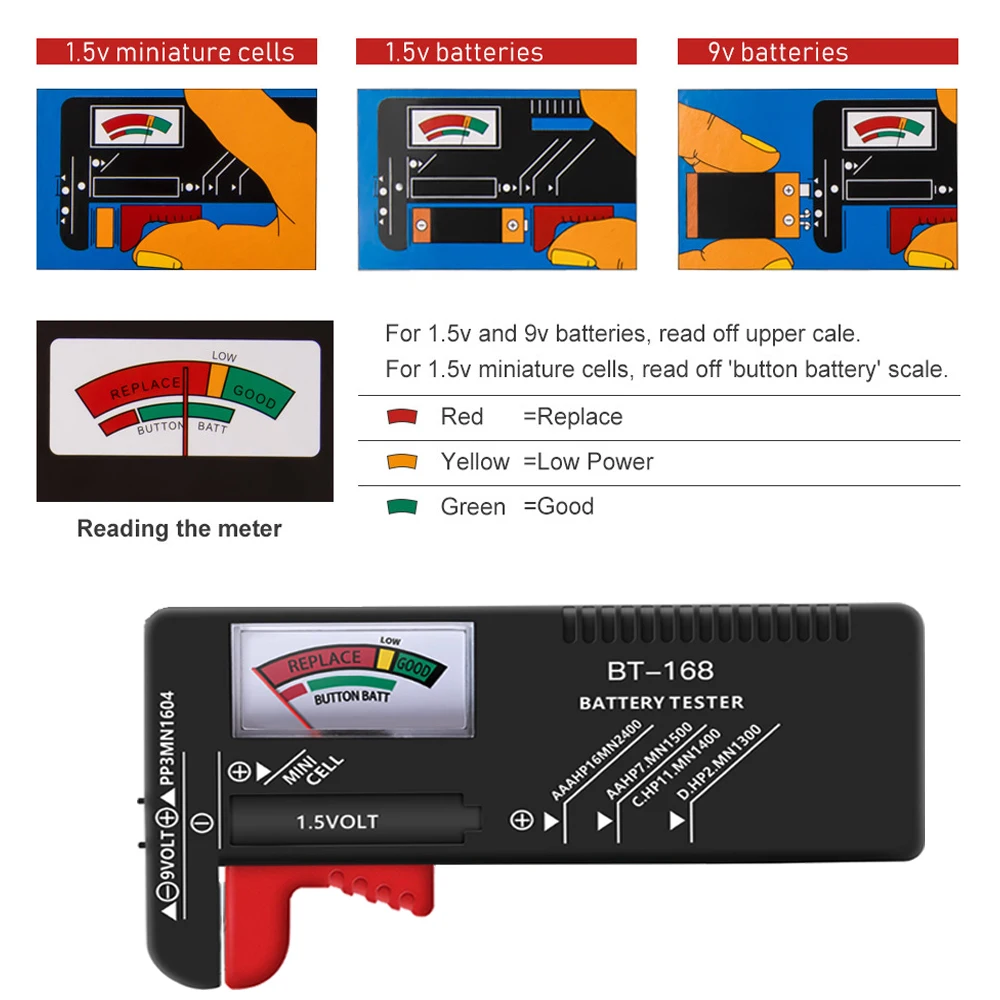 BT-168 AA/AAA/C/D/9V/1.5V 배터리 범용 버튼 셀 배터리 색상 코드 미터 표시 볼트 테스터 검사기 BT168 전원