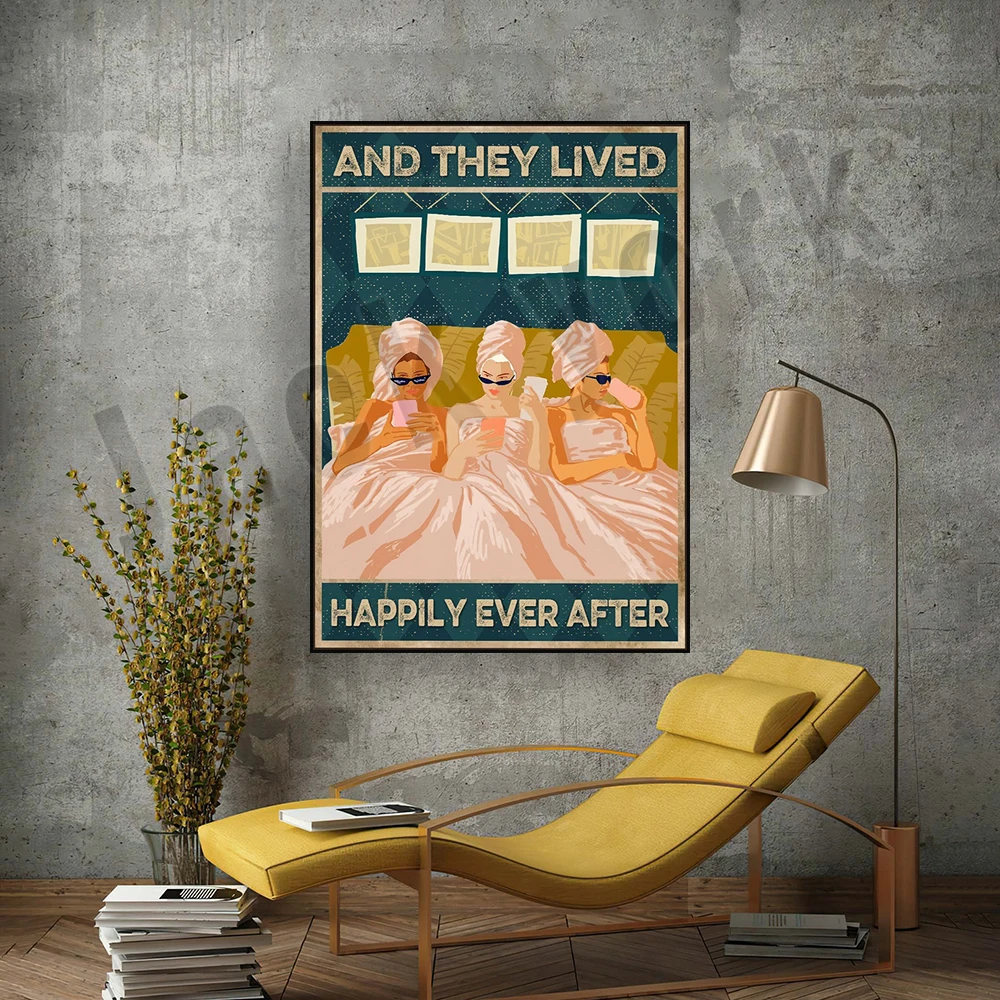 They live a happy life poster, soul poster, living with BFF, hanging out with friends retro poster wall art home decor