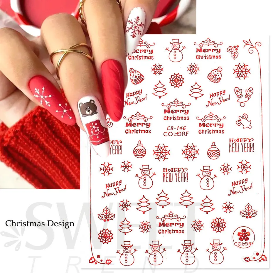 3D Red Christmas Nail Sticker Winter Cartoon Santa Claus Heart Gingerbread Snowflake Elk Leaves New Year Slider Decoration BECB