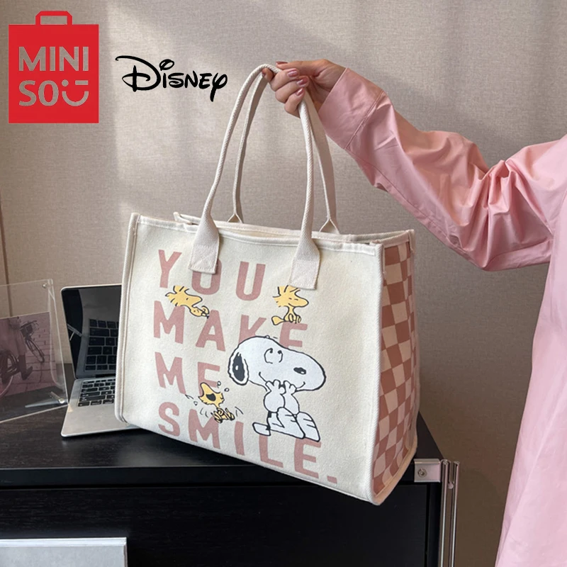 MINISO Disney Serie Snoopy Canvas Bag Women Cartoon Print Tote Bag Fashion Large Capacity Handheld Shoulder Bag Checkerboard Bag