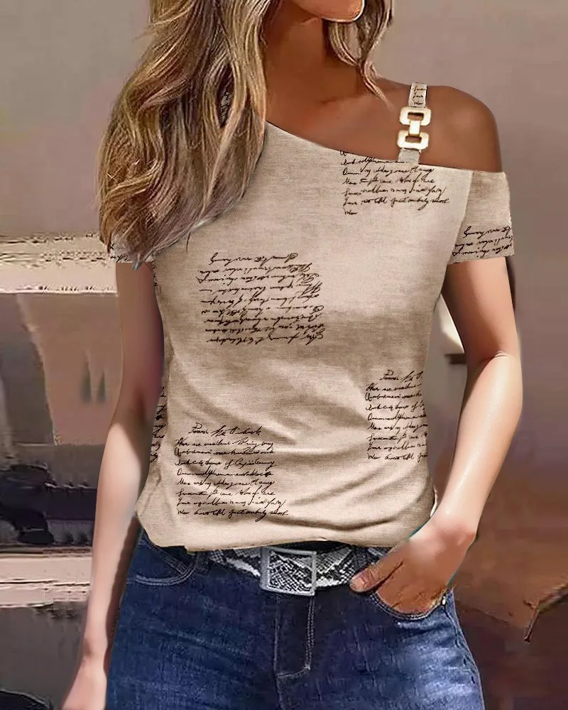 Female Camisas Blusas Para Mujer Women Summer Tops Fashion Sexy Lace Stitching Short Sleeve One Shoulder Buckle Loose Shirts