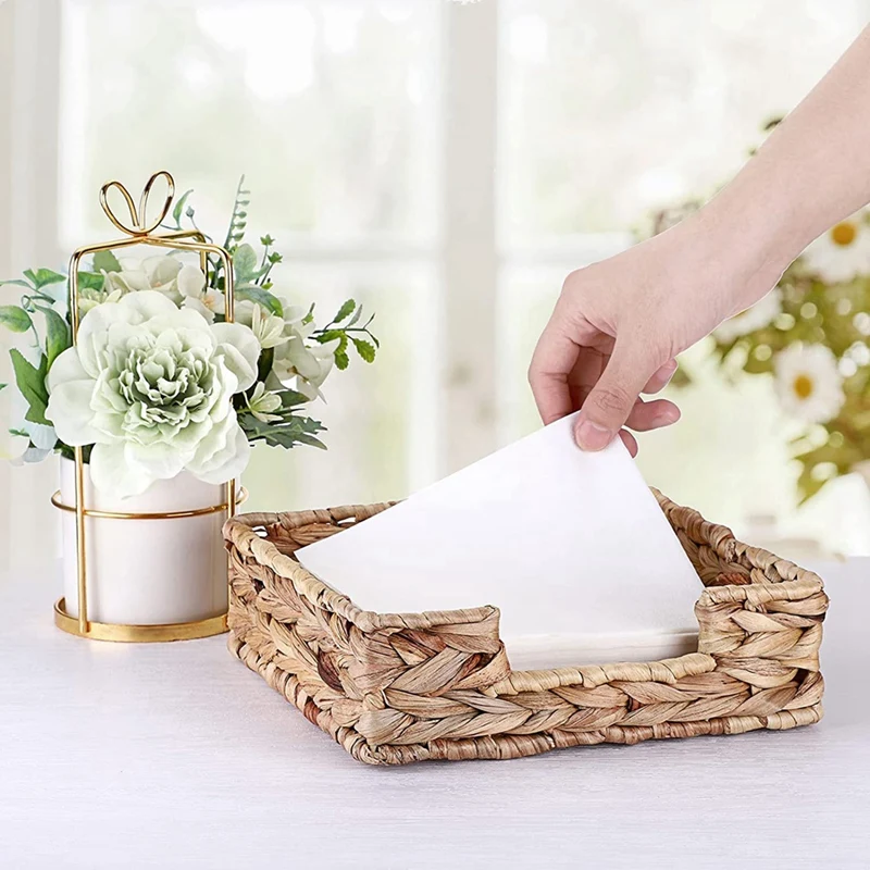 2PCS Bathroom Disposable Guest Towel Holder Long Seagrass Woven Rattan Wicker Table Hand Guest Towel Basket Tray