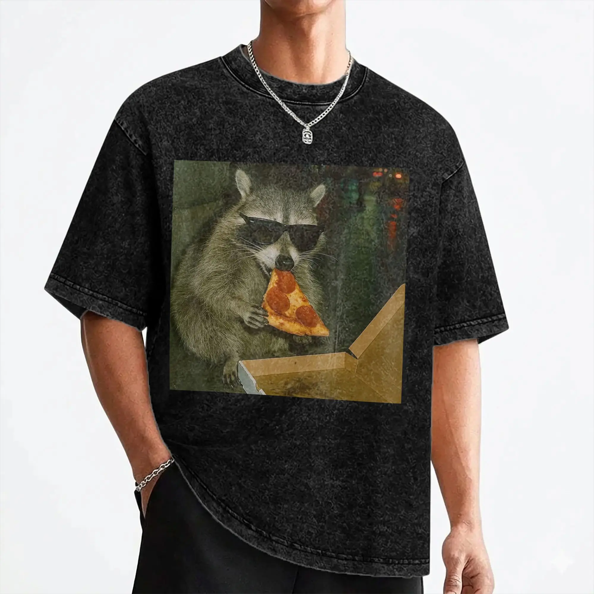 Racoon with Sunglasses Eating Pizza Funny Meme T Shirts Washed Cotton Oversize T-Shirts Men Women Streetwear Printed Tee Shirt