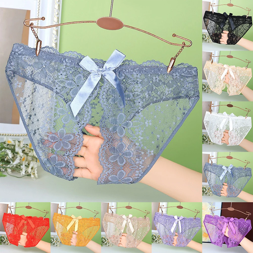 Womens Open Crotch Briefs Bow Crotchless Mesh Embroidery Sexy Panties Lace Lingerie See Through Underwear Ultra-Thin Underpants