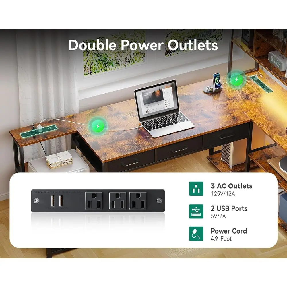 Large 79 Inch L-Shaped Desk with 5 Drawers, LED-Illuminated Reversible Gaming Desk, Power Outlets Included, Vintage Style Home O