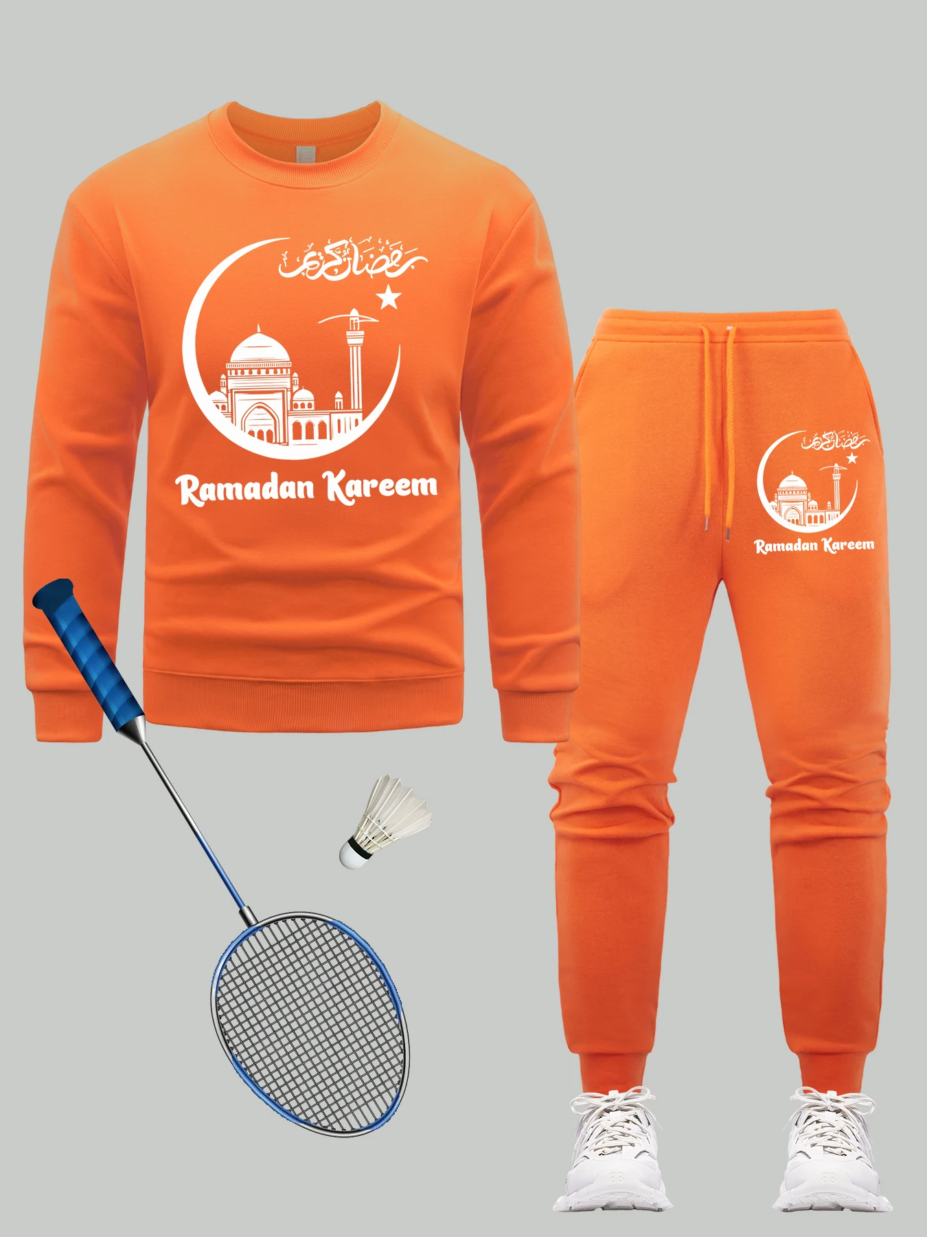 

Ramadan Kareem Art Letter Design Sweatshirt Set Men Fleece Hip Hop Pullover All-Match Autumn Sweatpants Crewneck Clothing Sets