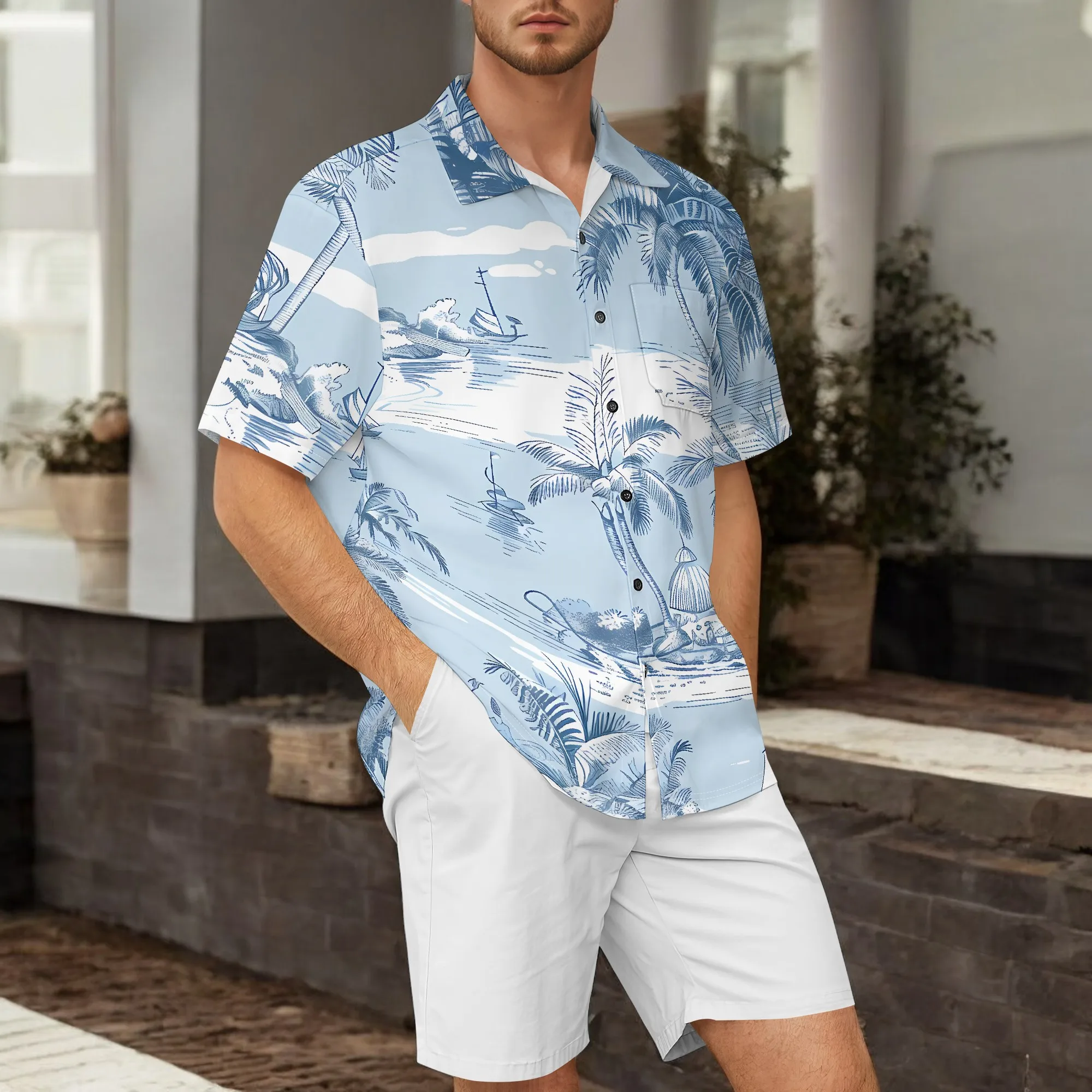 YEAE Navy Palm Tree Print Shirt for Men Summer Casual Short Sleeve Top