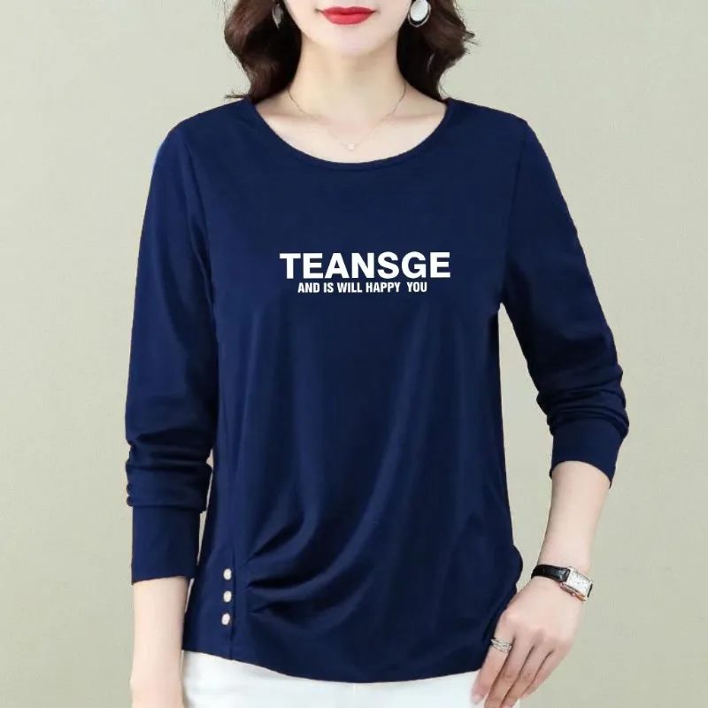 

Spring and Autumn Women's Pullover Round Neck Button Printed Folds Loose Bottom Shirt Fashion Casual Elegant Long Sleeve Tops