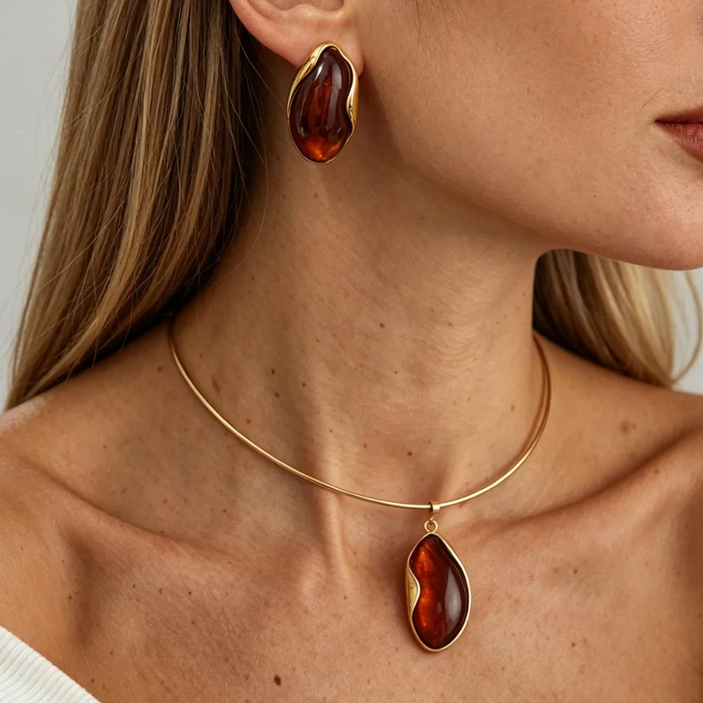 Irregular Amber Resin Drop Earrings Choker Necklace Set Gold Color Vintage Curved Metal Collar Jewelry for Women Party Jewelry