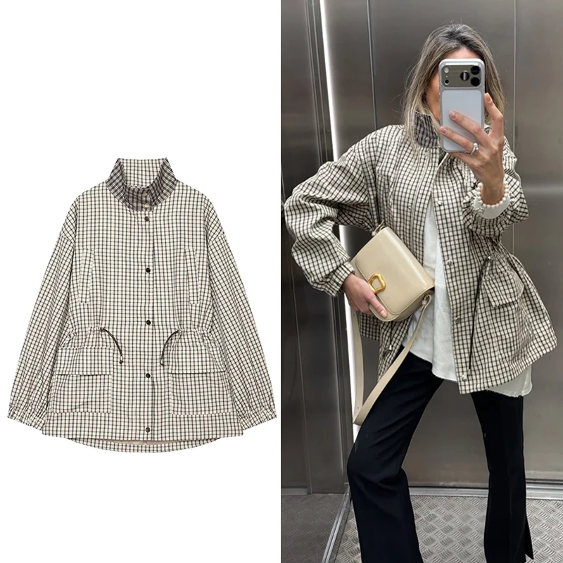 Women's Coat 2026 New Autumn Gray Plaid Long Sleeve Loose Drawstring Decorative Coat Casual Fashion Personal Ladies Outerwear