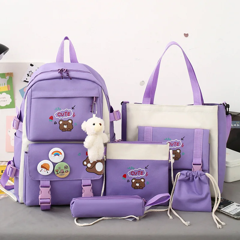 Primary School Bag Set for Boys Girls Cartoon Bear Girl\'s Backpack Children Cute Junior High School Combination Schoolbags 5PCS