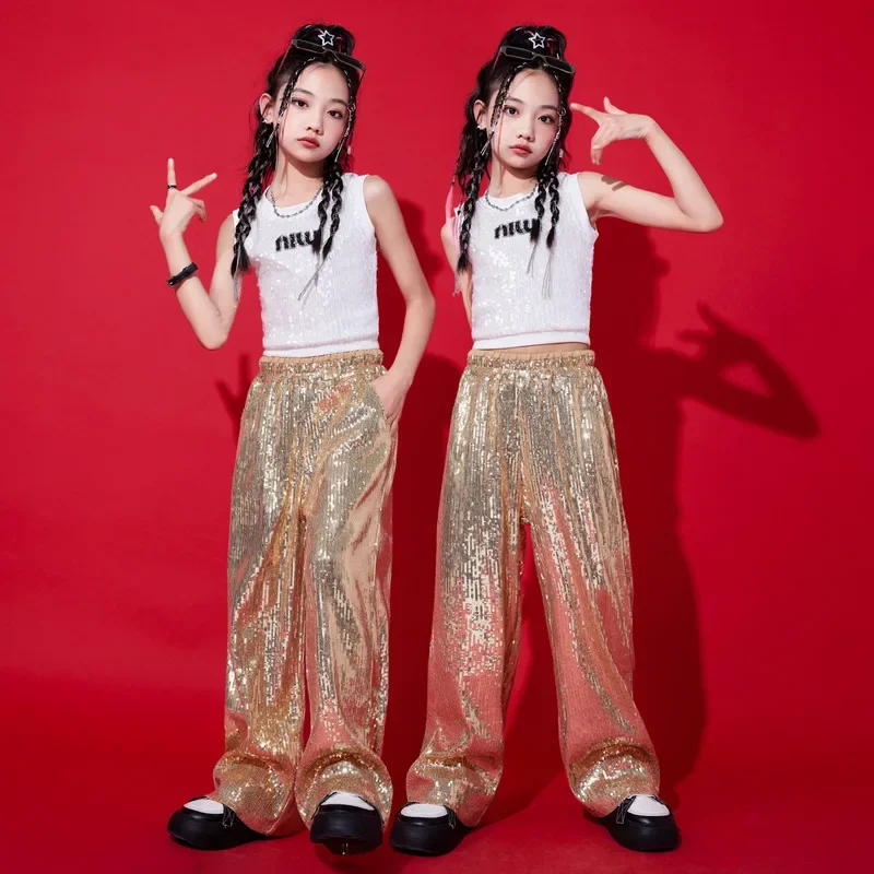 

Kids Hip Hop Outfits Crop Top Tank Vest Streetwear Sequined Joggers Pants Teenage Streetwear for Girl Jazz Dance Costume Clothes