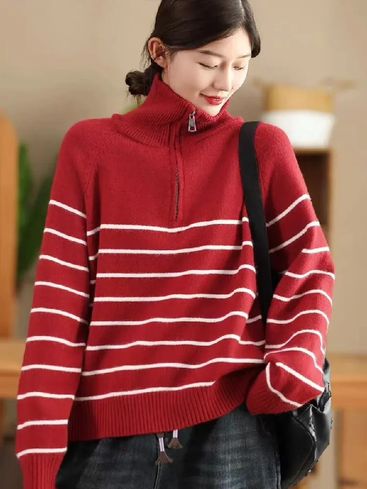 Max LuLu Turtleneck Striped Ladies Winter Classic Sweaters Luxury Loose Pullover Casual Vintage Elegant Cotton Harajuku Jumpers