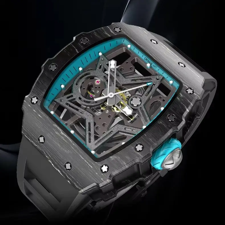 

CRONUSART Men Automatic Watch 50mm Tonneau Mechanical Wristwatch Carbon Fiber Case Luminous Skeleton Star Dial
