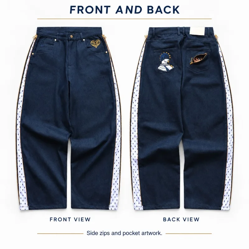 Y2K Mens Baggy Jeans Dark Blue Wide Leg Denim Pants Side Zip Design Anime Embroidered Pockets Loose Fit Casual Streetwear
