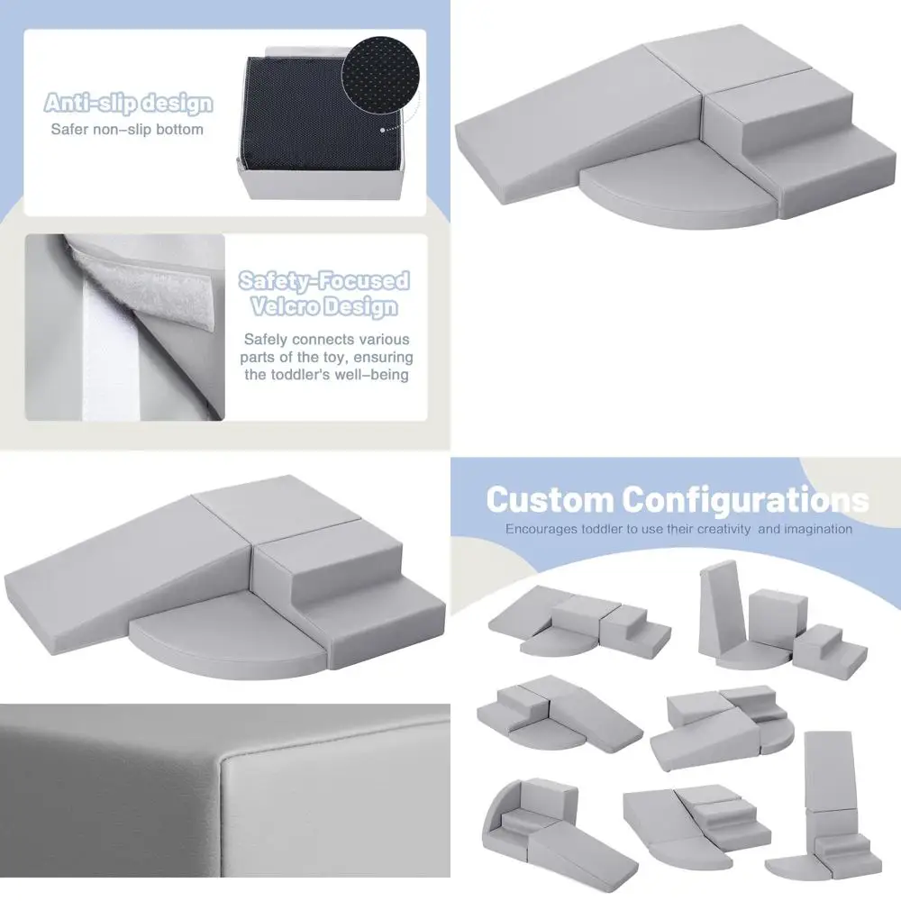 Szare piankowe klocki do wspinaczki dla maluchów - 4-częściowy miękki zestaw do zabawy wewnątrz pomieszczeń, do raczkowania i zjeżdżania