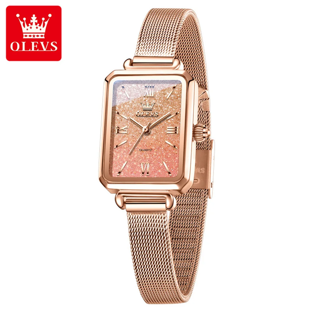 OLEVS Watches for Woman Fashion Square Sparkling Diamonds Starry Sky Dial Elegant Luxury Mesh Steel Strap Quartz Women's Watches