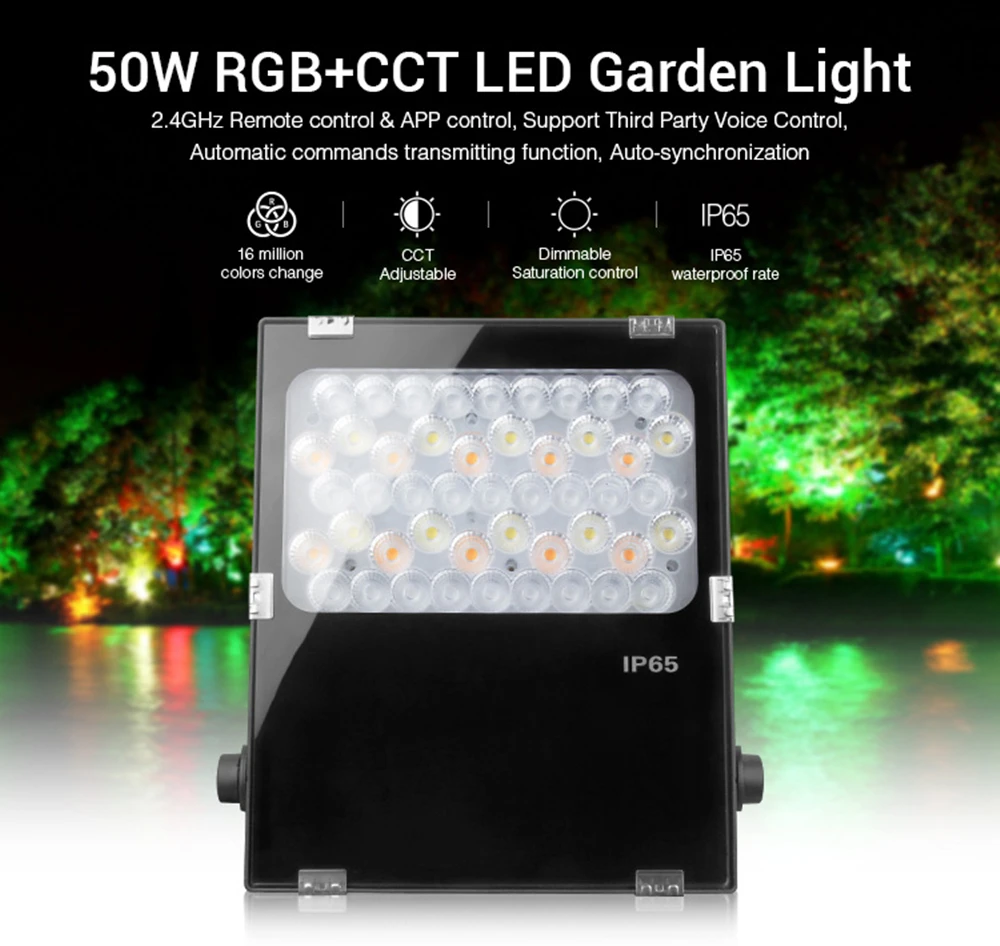 

FUTC06 50W RGB+CCT LED Garden Light AC100~240V 50/60Hz IP65 Support Third Party Voice 2.4GHz Remote App Control