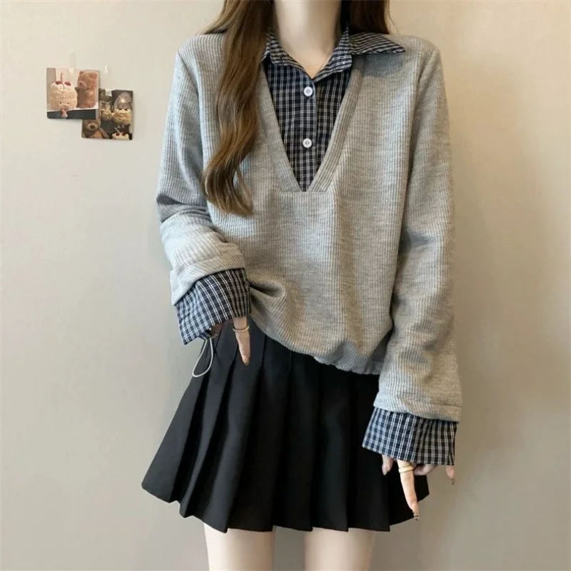 Spring and Autumn Checkered Shirt Splicing Fake Two Piece Hoodie for Women to Look Thin, Drawstring Polo All Match Top